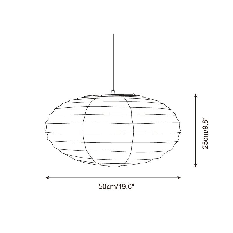 Akari 50EN compact pendant lamp technical specification drawing showing 50cm diameter and 25cm height dimensions