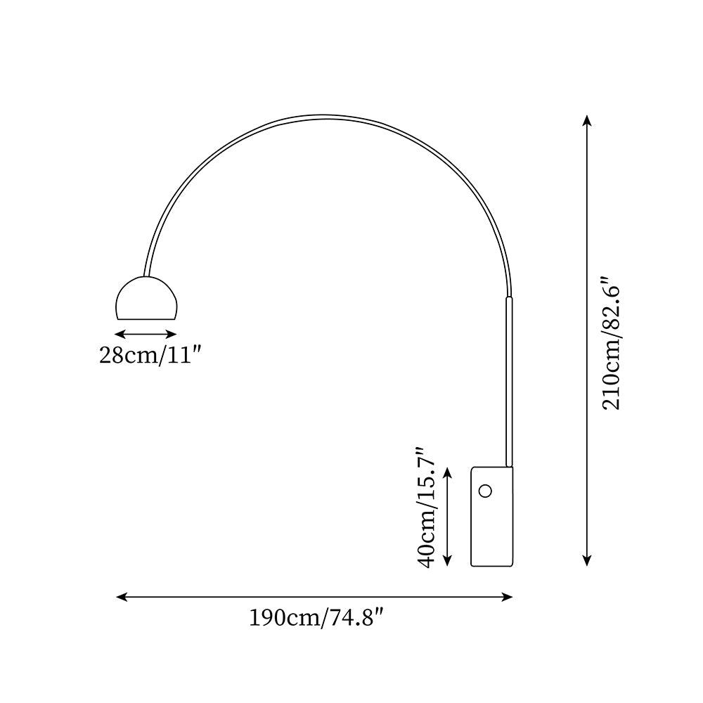 Arc floor lamp dimension diagram and technical specifications schematic showing size measurements