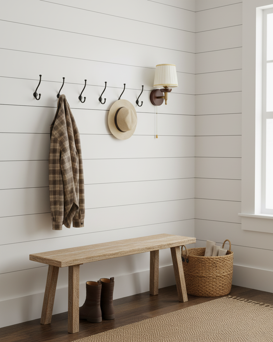Blixen wall lamp installed in farmhouse entryway with rustic home decor styling