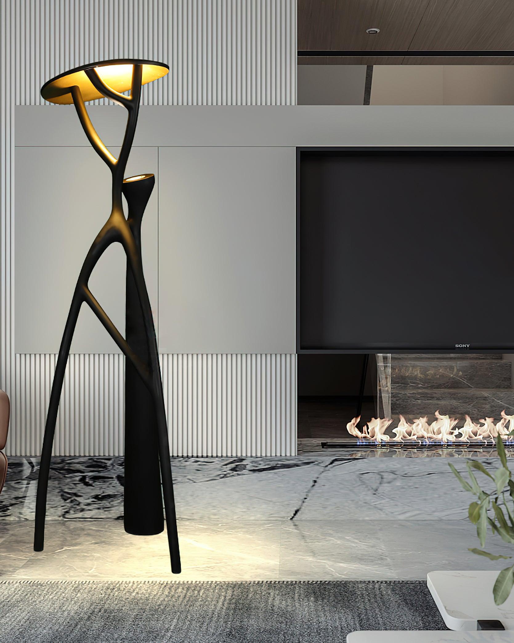 Blonski artistic floor lamp in modern living room near fireplace, matte black sculptural frame luxury ambiance