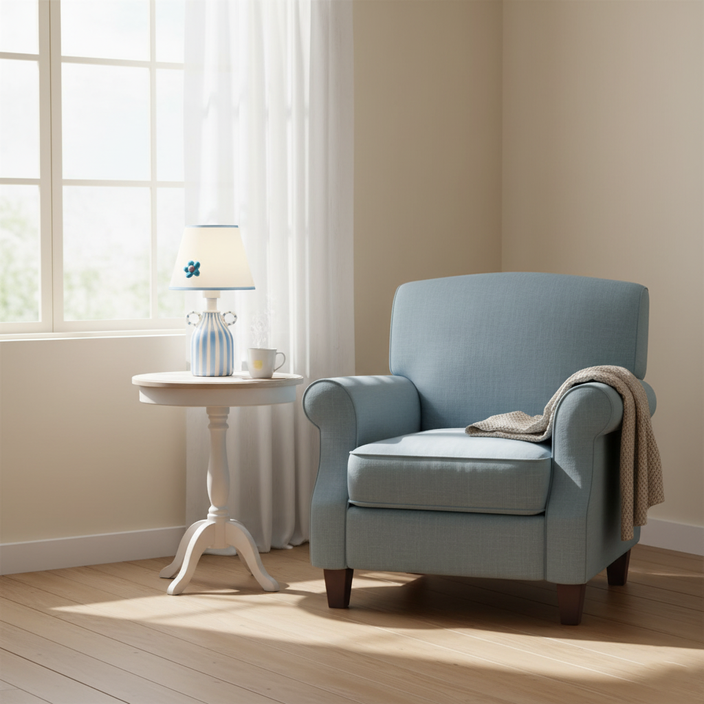 Mediterranean-inspired ceramic striped table lamp on living room side table with cozy lounge ambiance