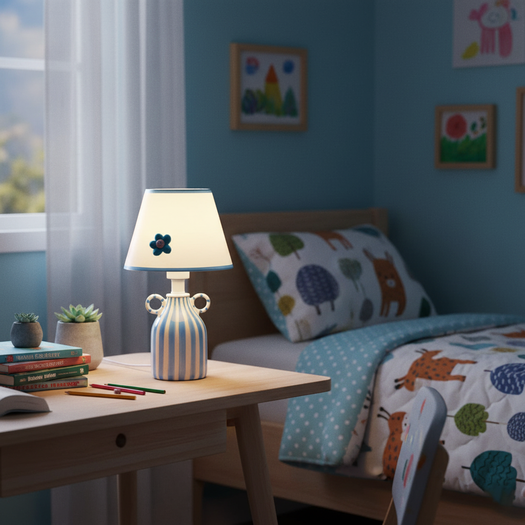 Modern Mediterranean table lamp with ceramic hand-painted base in contemporary home interior