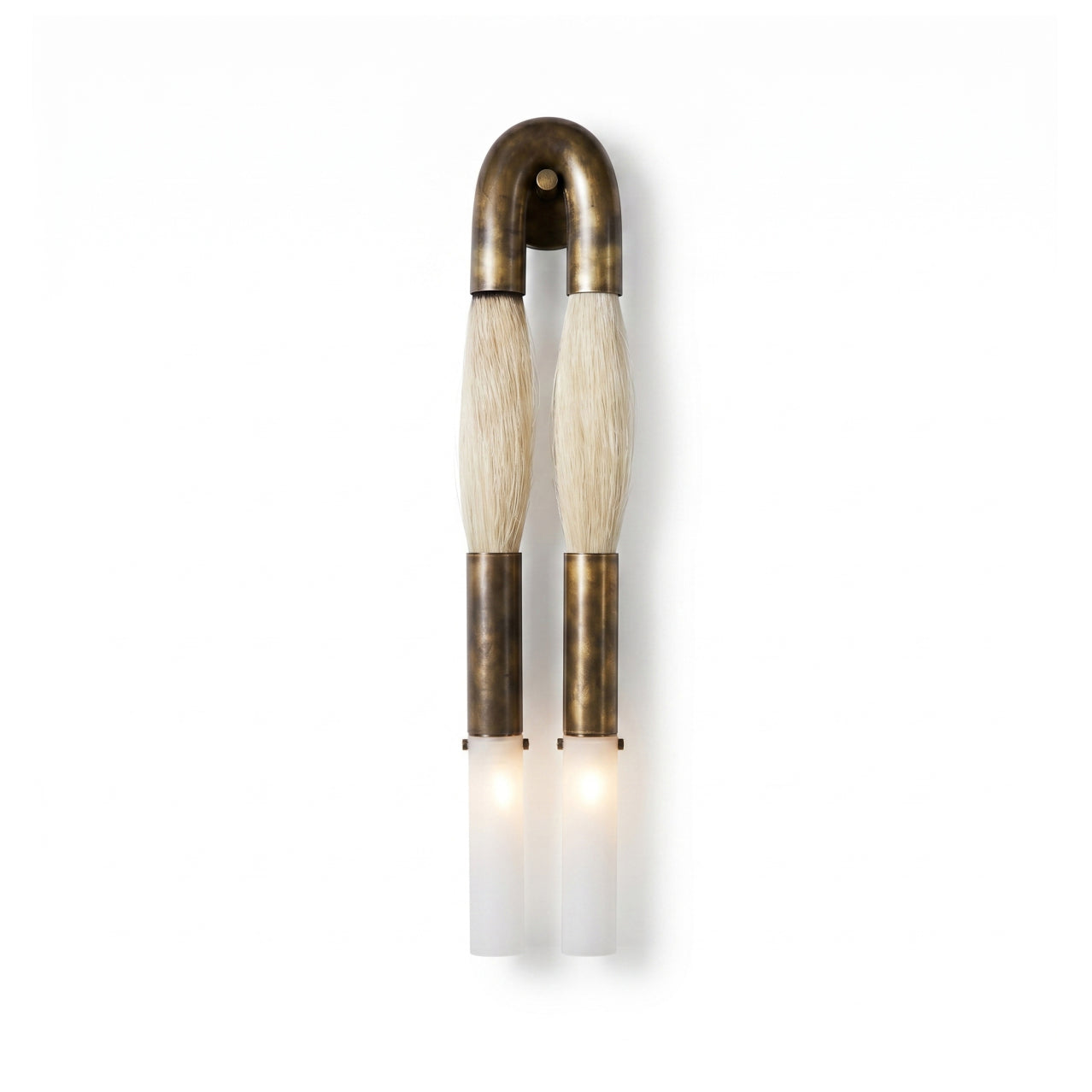 Branwick dual-head wall sconce in aged brass featuring wrapped horsehair textile accents and frosted cylindrical light diffusers