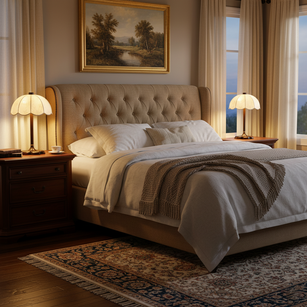 Pair of matching Brazoria vintage table lamps illuminating luxury tufted bed in master bedroom