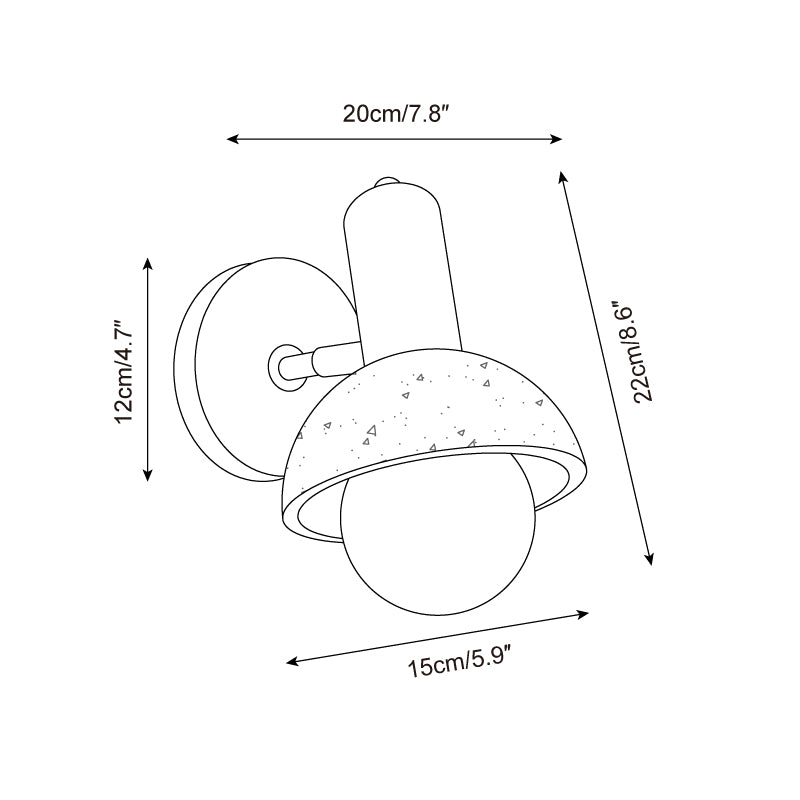 Technical orthographic drawing of Model B cylindrical travertine wall sconce with measurements