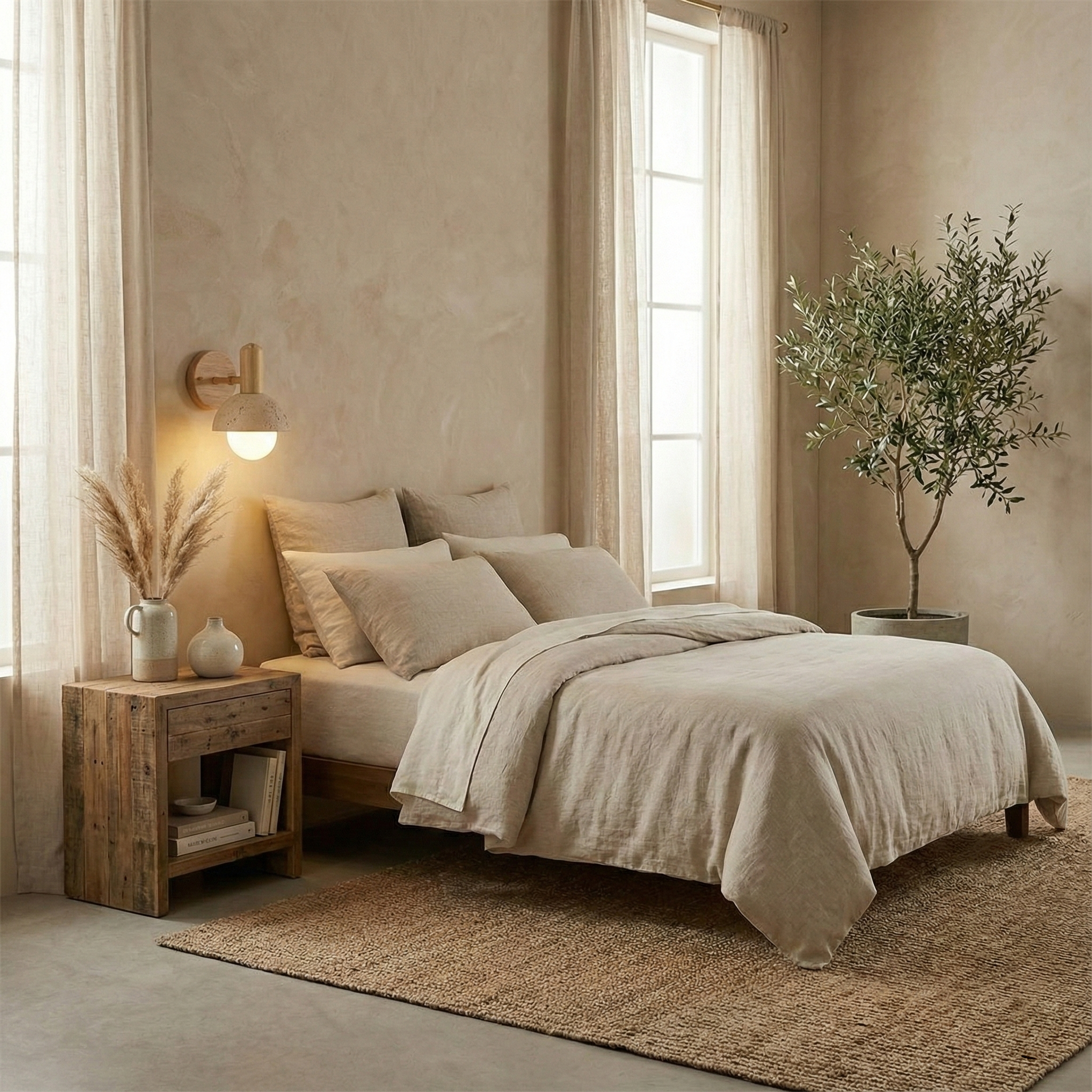 Warm glowing travertine wall sconce demonstrating soft ambient light diffusion through stone