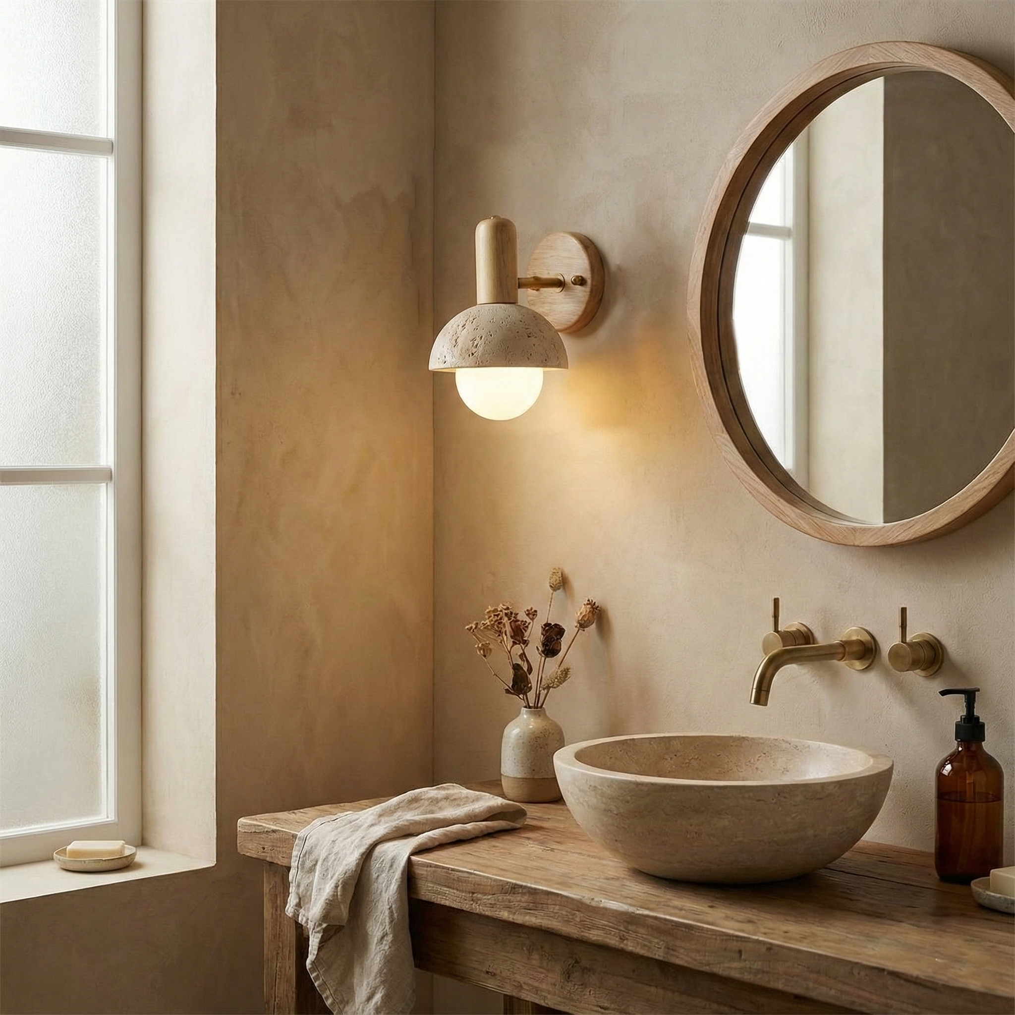 Single travertine wall sconce above bathroom vanity providing warm ambient light in spa-like setting
