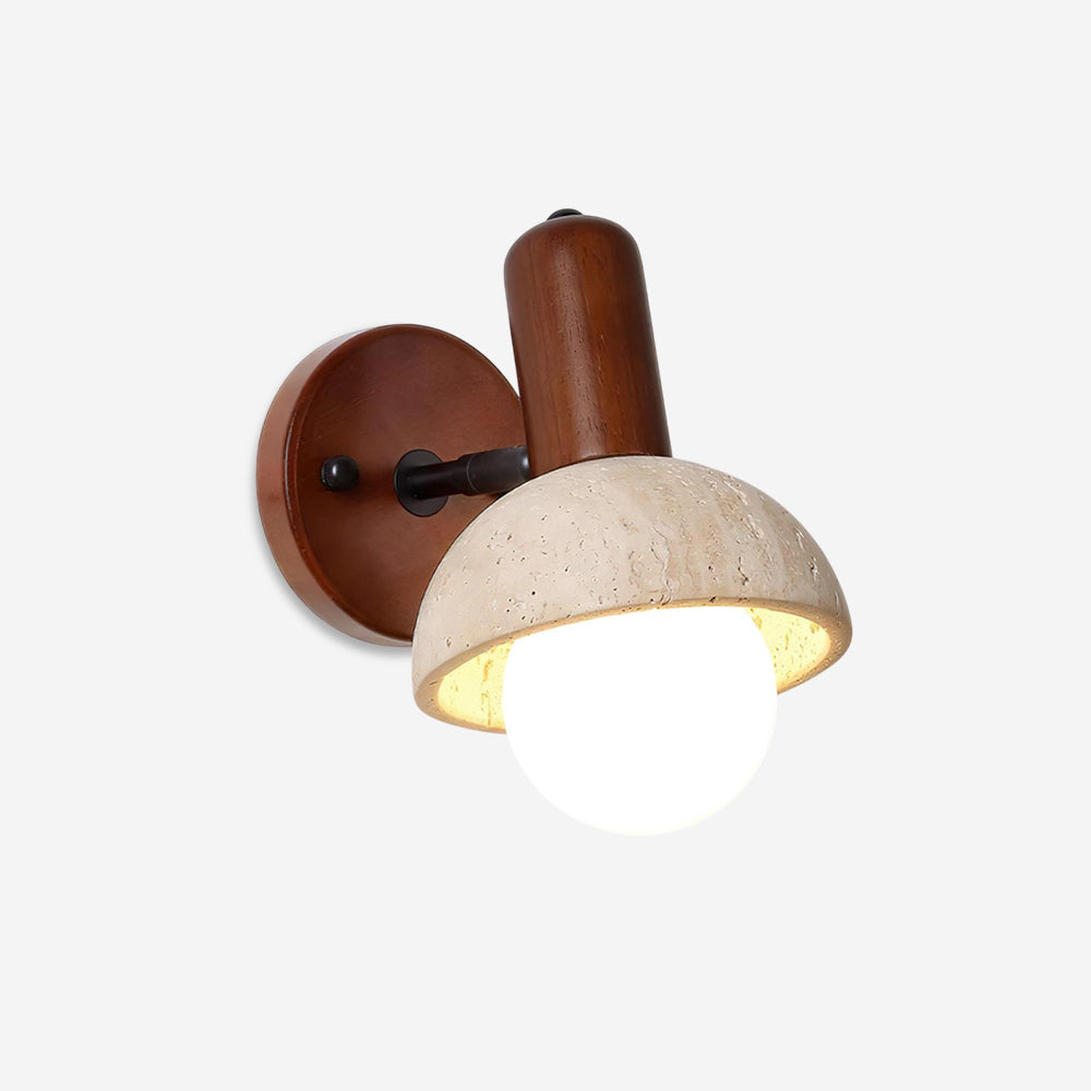 Brunite travertine wall sconce with dark walnut wood base and mushroom dome shade, front view