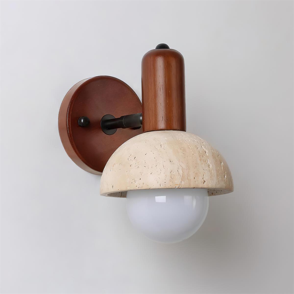 Side profile view of travertine wall sconce showing sculptural shape and wood grain detail