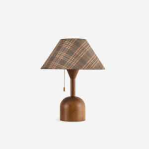 Rustic cabin table lamp with natural wood base and classic plaid fabric shade - front view
