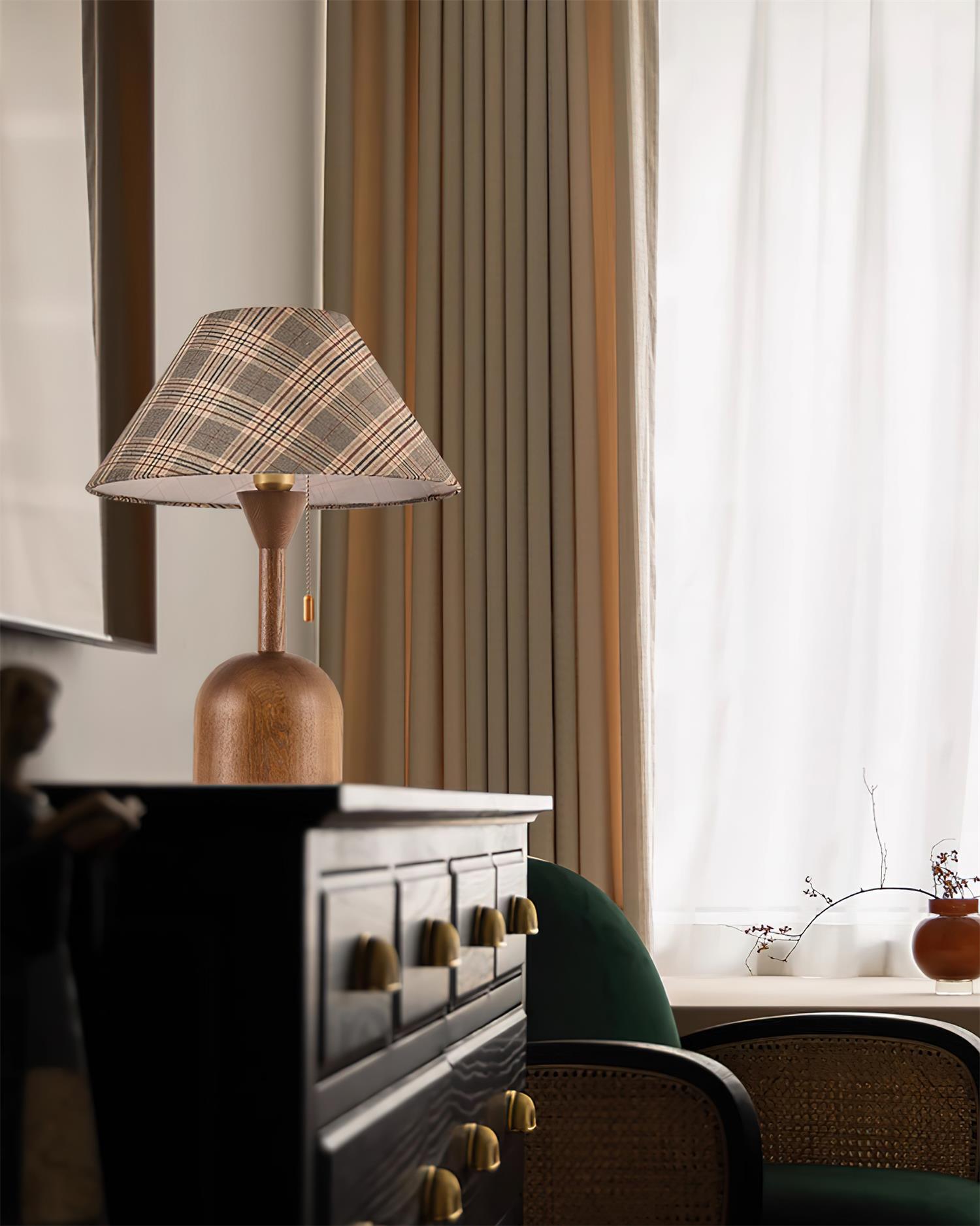 Cabin table lamp with walnut wood base perfect for traditional home styling