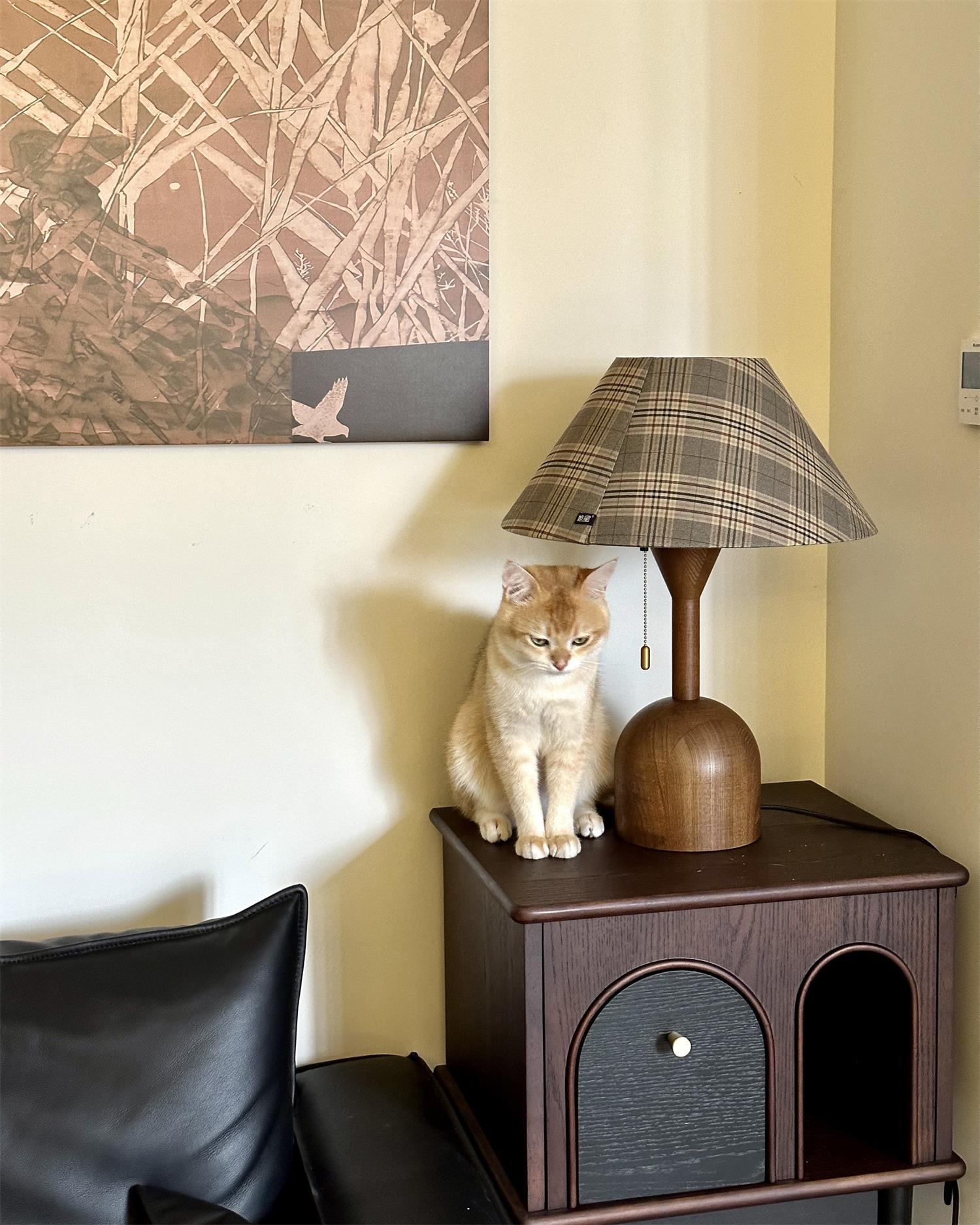 Rustic plaid table lamp positioned on wooden nightstand in cozy bedroom setting