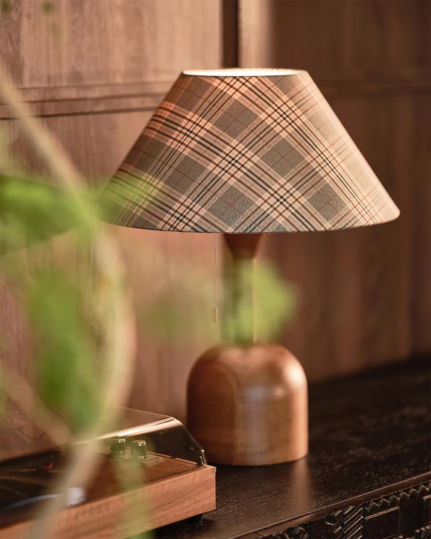 Rustic cabin table lamp walnut wood base with plaid fabric shade detail