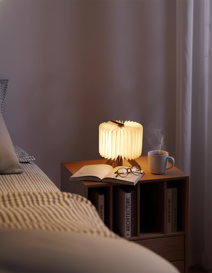Walnut and white origami wood table lamp in minimalist modern interior setting, warm LED ambiance