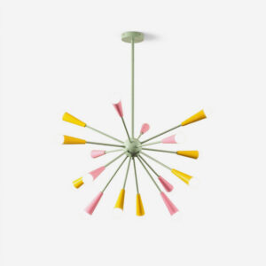 Pastel green sputnik chandelier with pink and yellow conical lamp shades, frontal starburst view on white background, mid-century modern pendant light