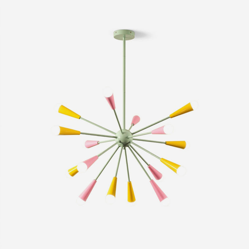 Pastel green sputnik chandelier with pink and yellow conical lamp shades, frontal starburst view on white background, mid-century modern pendant light