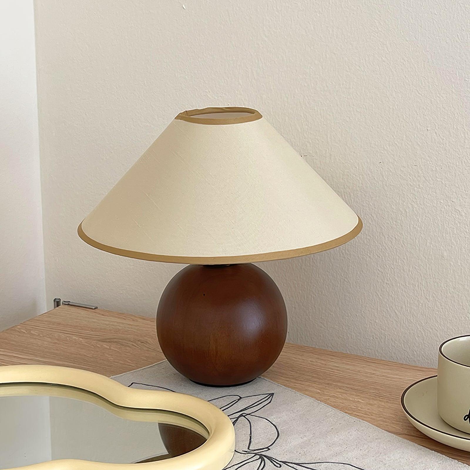 Walnut and beige wooden table lamp full product view, mid-century modern design lighting fixture