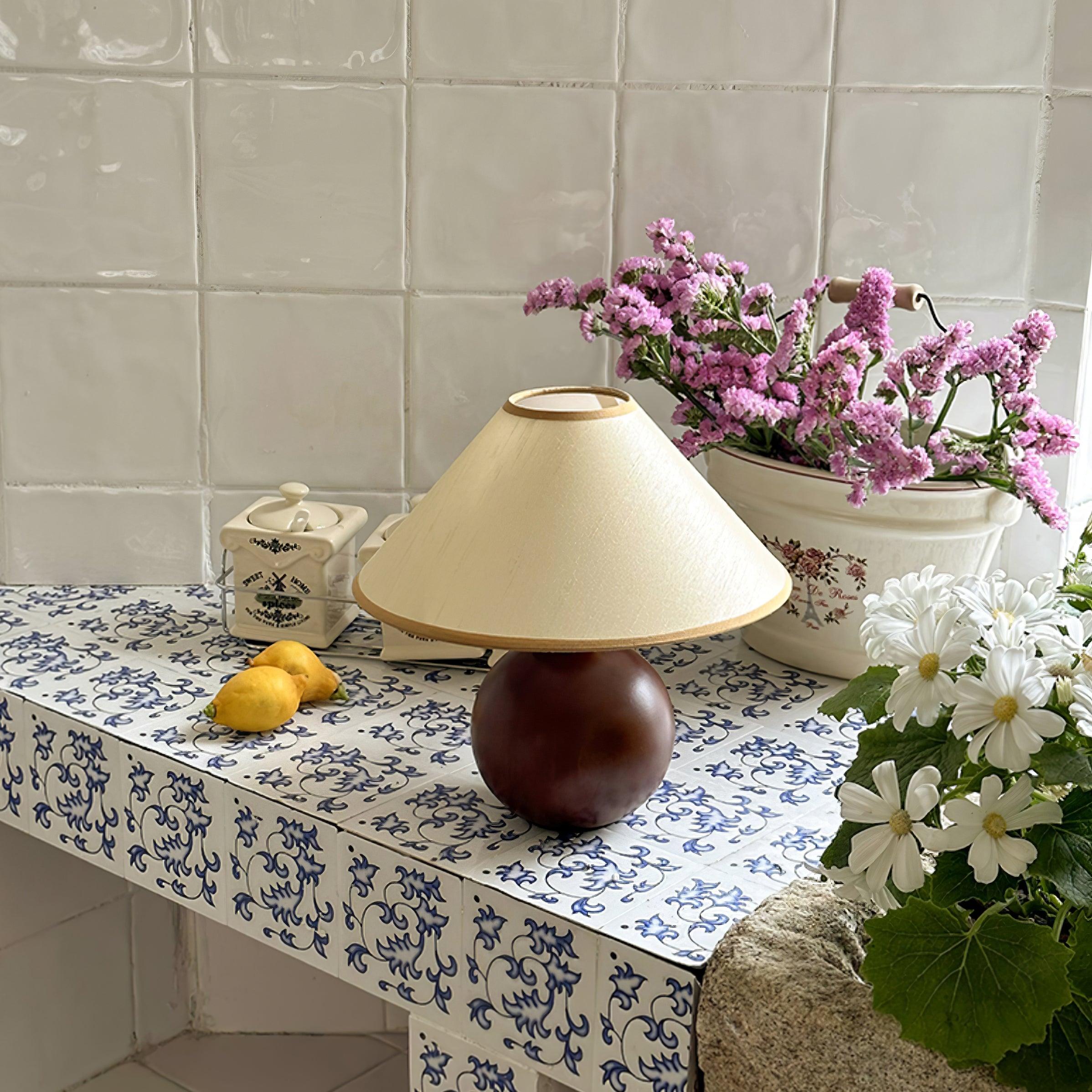 Walnut wood table lamp with beige hemp fabric shade, complete product showcase