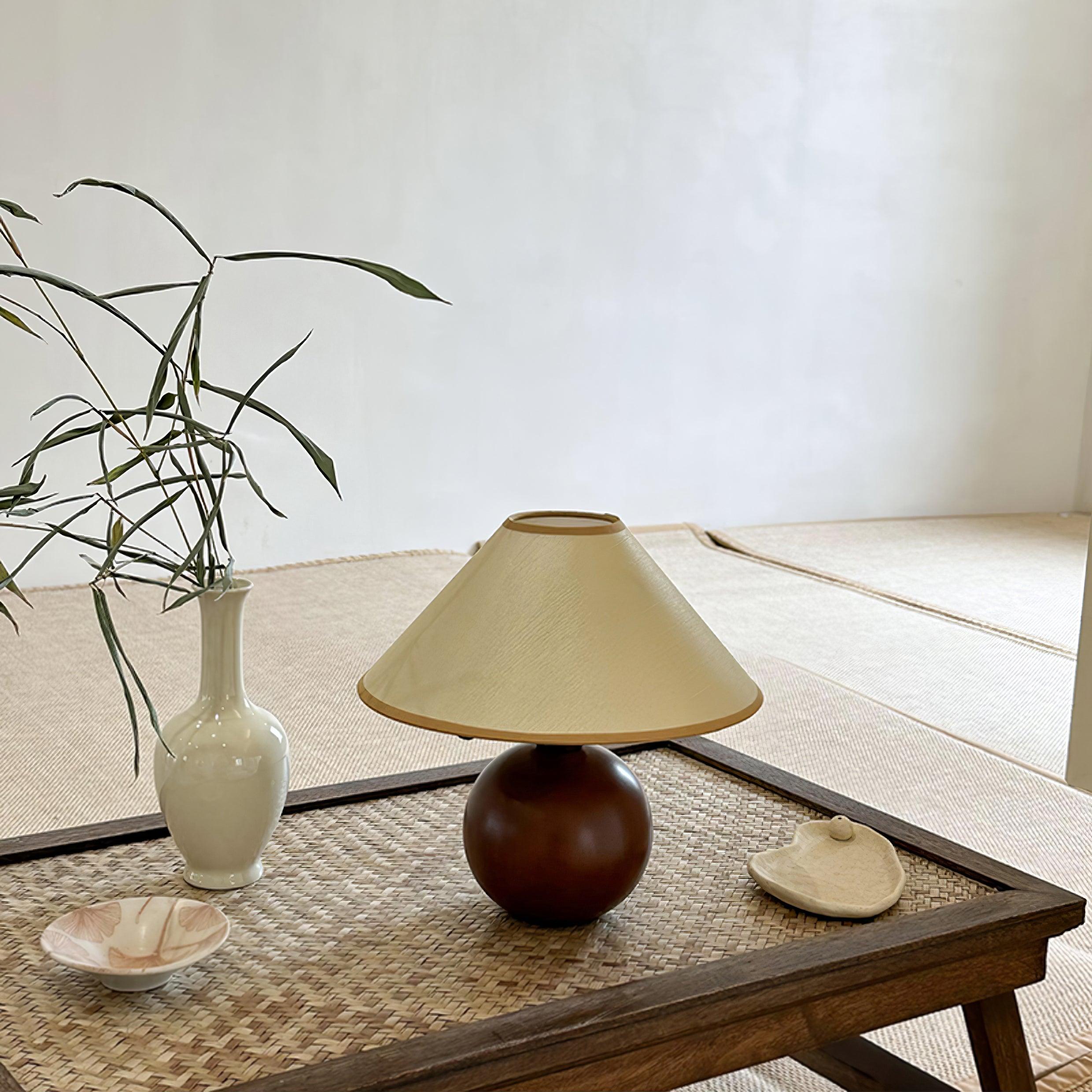 Walnut wood table lamp complete view, beige hemp shade and natural base finish