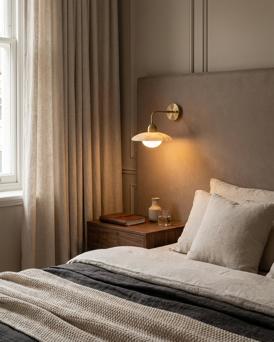Carolia alabaster wall sconce in secondary bedroom above small wood nightstand with neutral decor