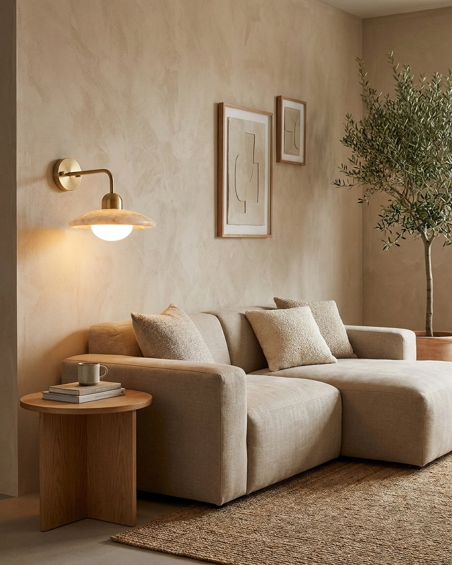 Carolia alabaster wall sconce in modern lounge above sectional sofa with minimalist wall art and plant