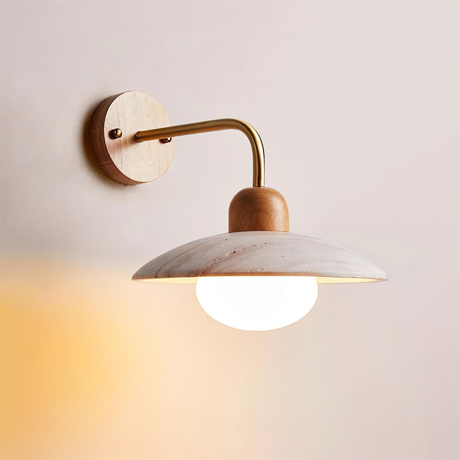 Carolia wall sconce in gold brass and beige wood finish option showing material color palette