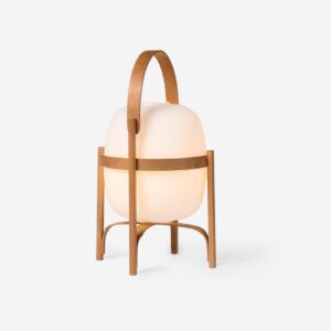 Portable lantern glass table lamp with wooden frame and frosted glass shade - front studio view