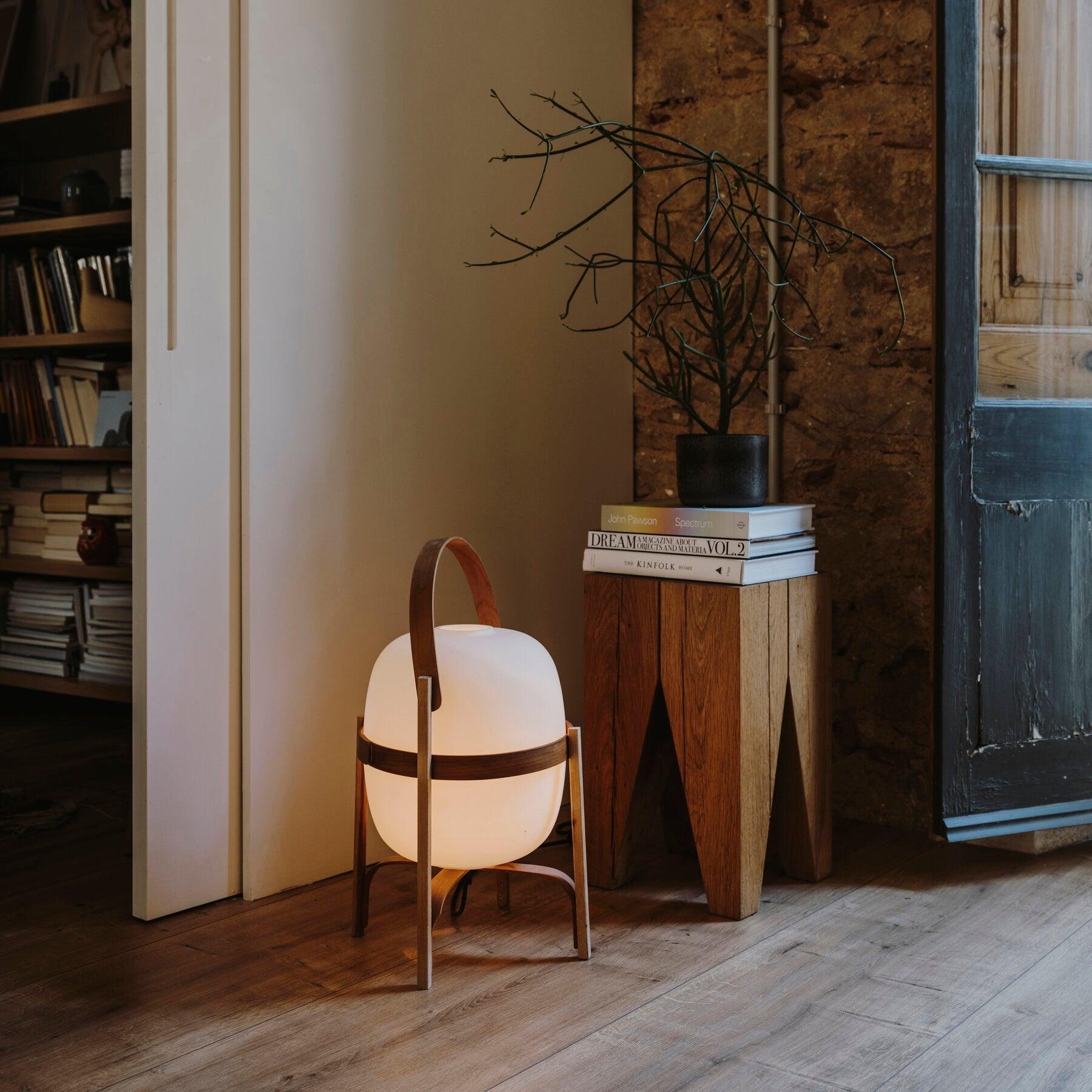 Lantern lamp styled on rustic wooden side table with books and potted plant in study room