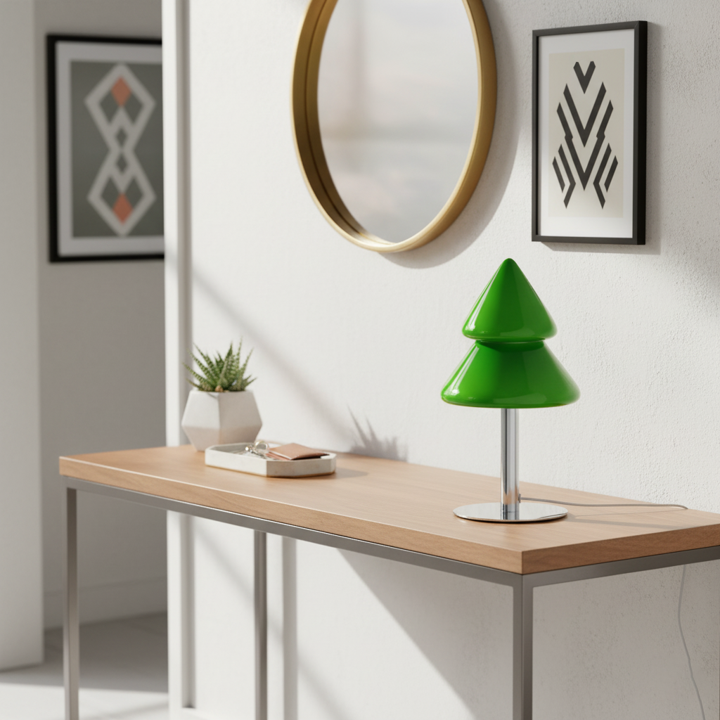 Yellow glass Christmas tree lamp with beige metal base on white surface minimal background