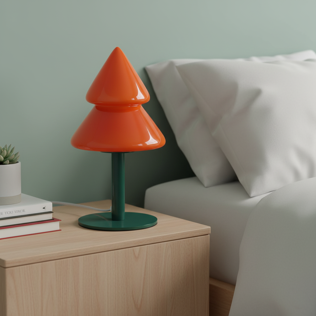 Orange Christmas tree table lamp placed on bedroom nightstand with books and minimalist bedroom decor