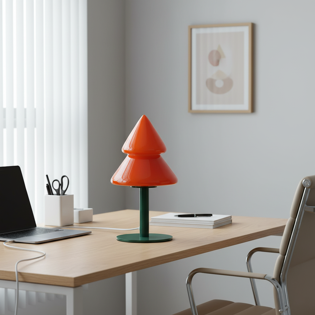 Orange Christmas tree table lamp on home office desk with laptop and stationery supplies