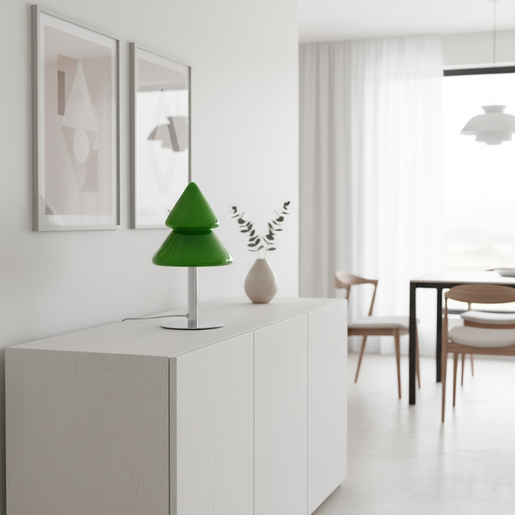 Green Christmas tree lamp with silver metal base in neutral minimalist dining area home decor