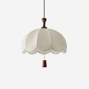 Delune Pleated Fabric Pendant Light - Scalloped Six-Petal Shade with Wood Accents