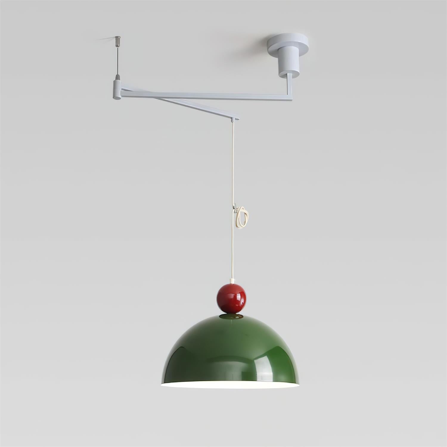 Green Dotto swing arm pendant light with dark red top accent in contemporary home interior