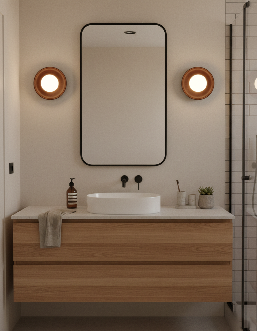 Pair of wooden wall sconces mounted beside bathroom mirror above floating vanity