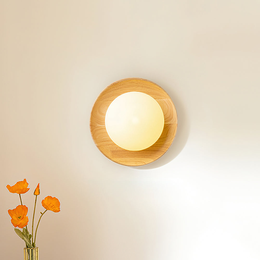 Small 18cm diameter wooden wall sconce with frosted glass shade