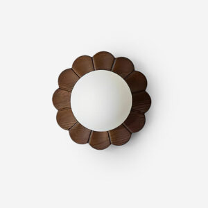 Botanical petal wall sconce with dark walnut wood frame and frosted glass sphere on white background