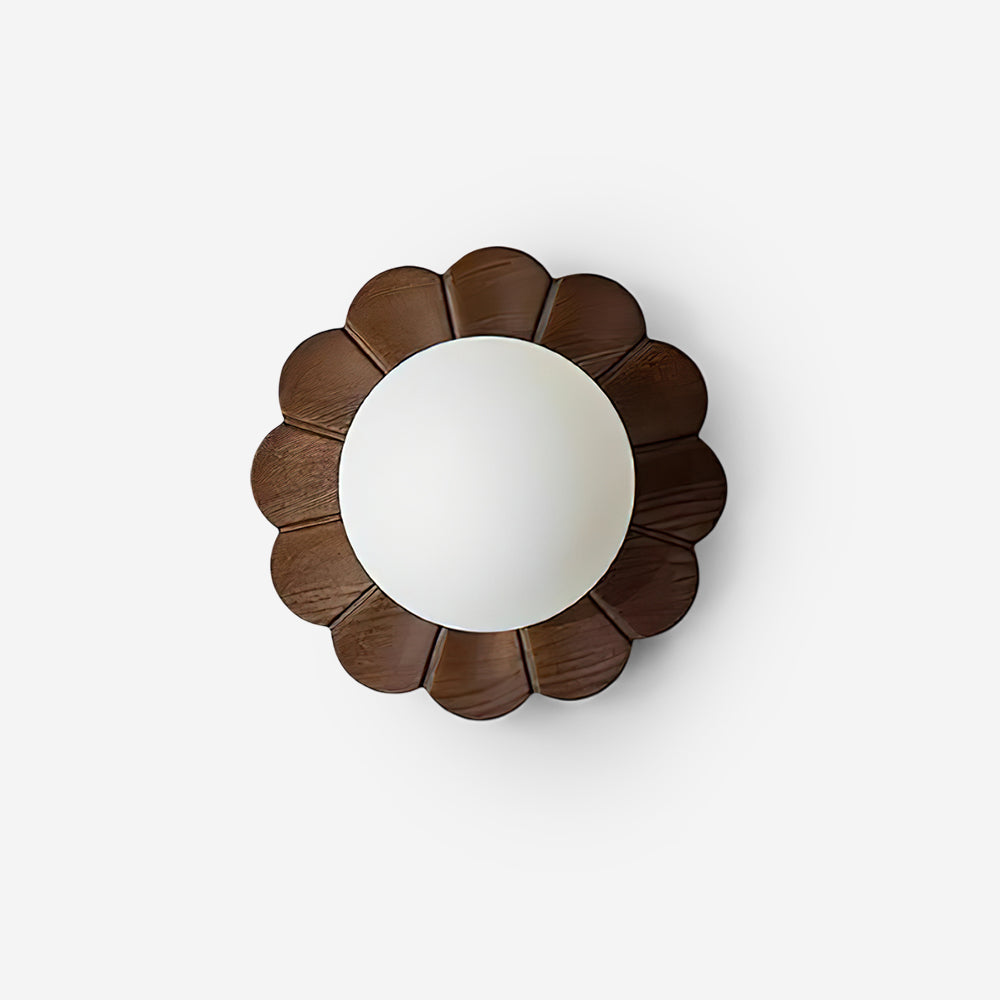 Botanical petal wall sconce with dark walnut wood frame and frosted glass sphere on white background