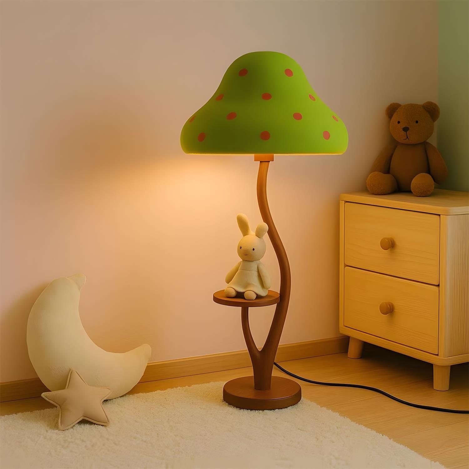 Forest green mushroom floor lamp with polka dots positioned in cozy children's bedroom corner next to wooden dresser with warm glow lighting