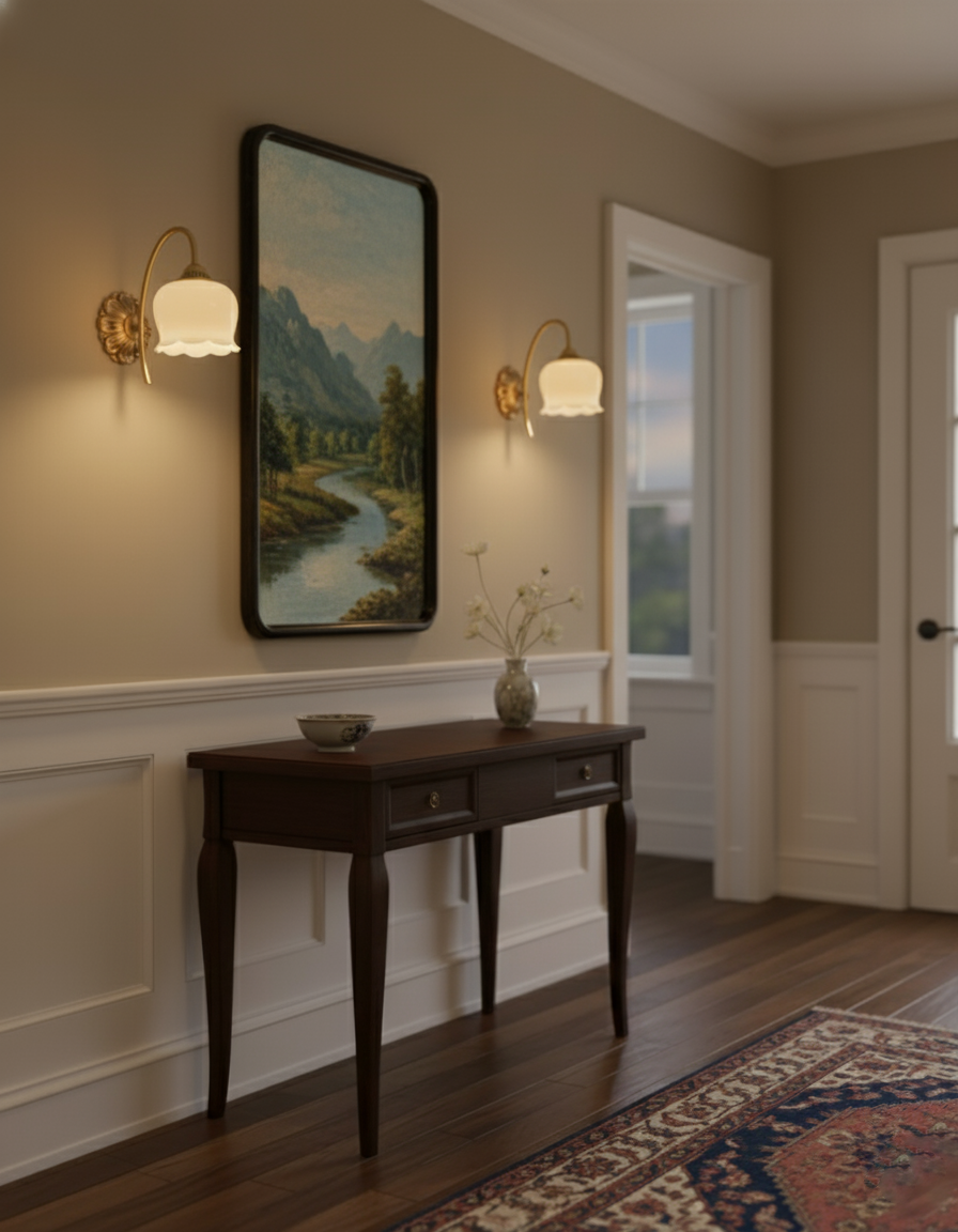 Vintage Lily of the Valley Wall Sconce Product Visualization - Neoclassical Brass Fixture Design