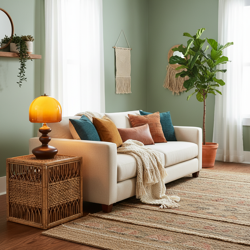 Willow table lamp in boho living room with rattan side table, potted plant, and warm ambient lighting