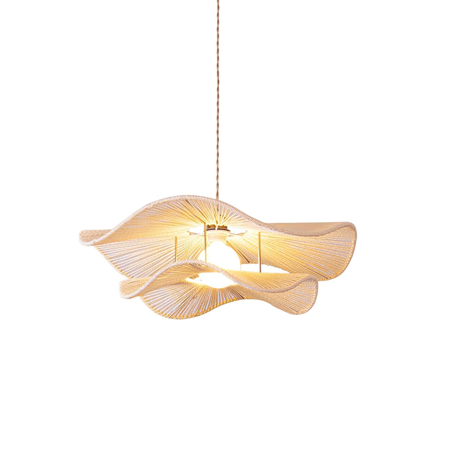 Gunilla woven hemp rope pendant light alternative angle showing organic wavy silhouette and sculptural form