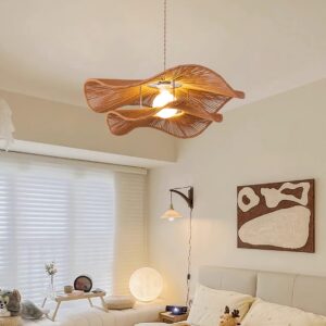 Gunilla hemp pendant light installed in minimalist modern bedroom with warm wabi-sabi natural decor and neutral textiles