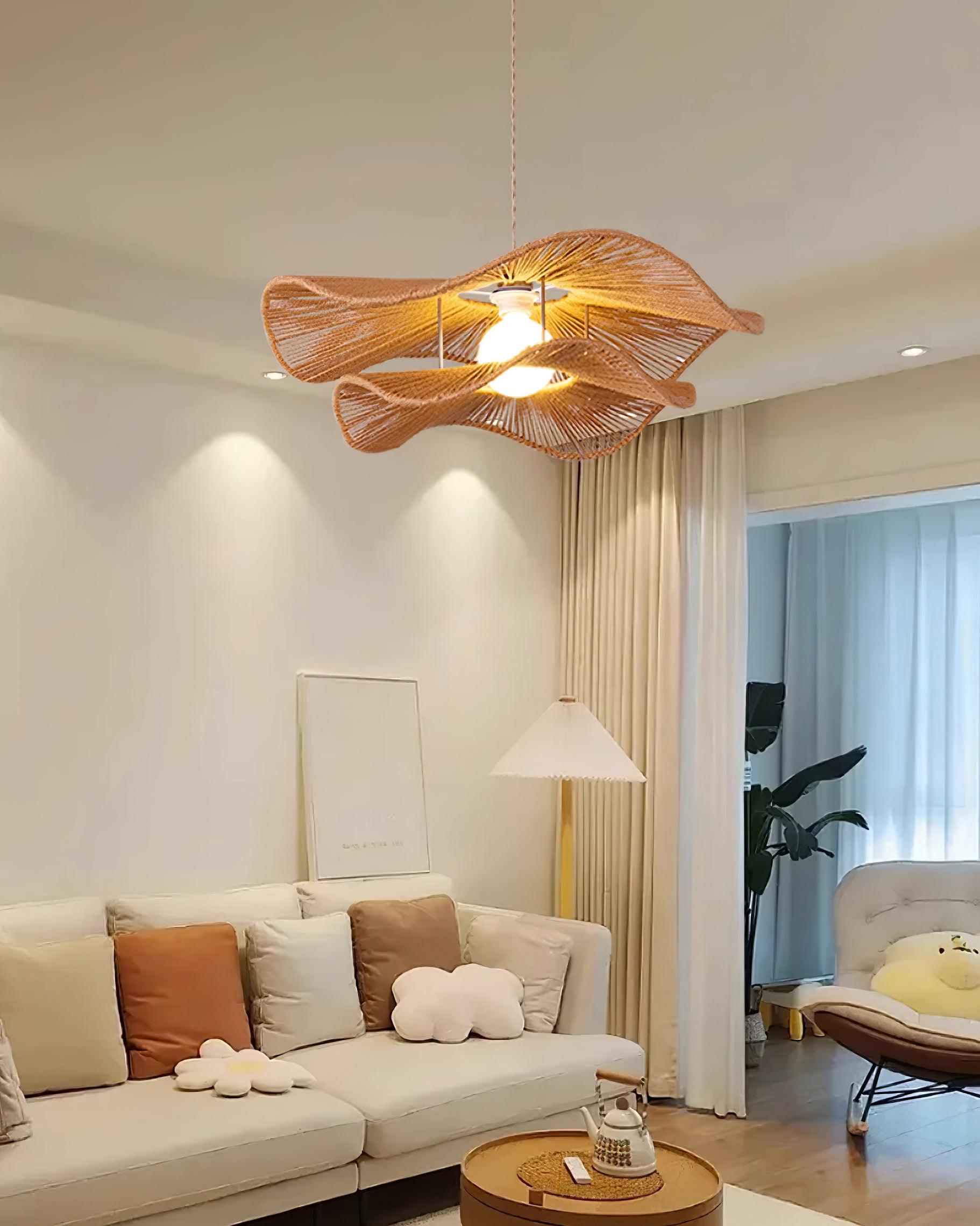 Gunilla hemp rope pendant light in cozy modern living room with warm natural wabi-sabi ambient lighting