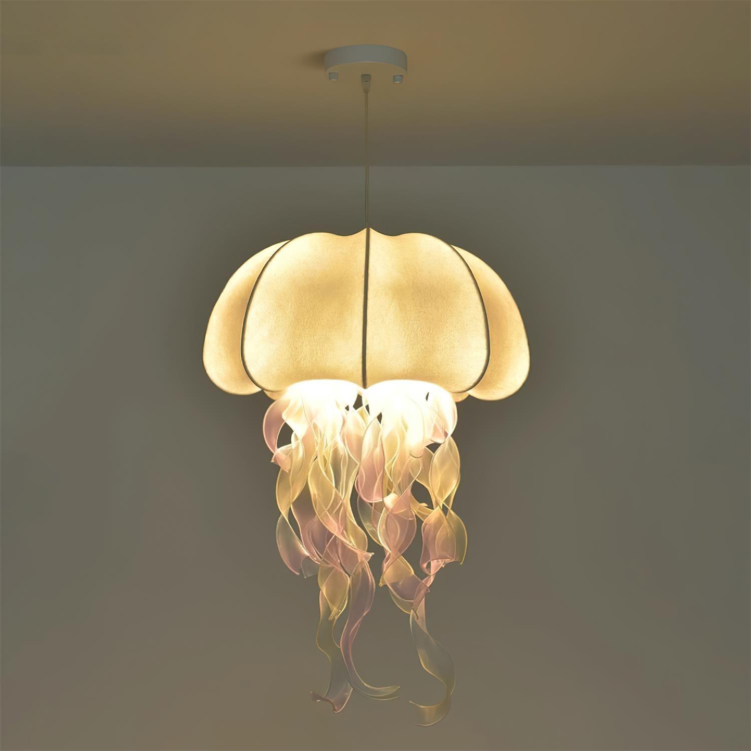 Jellyfish fabric pendant lamp showing bottom view of gradient tassel arrangement