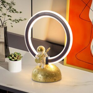 Modern LED astronaut lamp with dark gray ring and textured lunar base