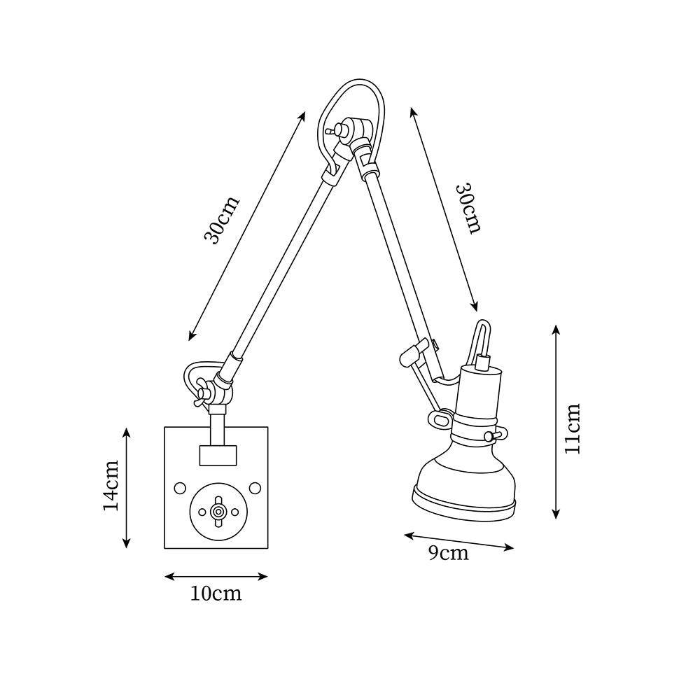 Kane swing arm sconce dimension diagram showing size parameters and assembly structure