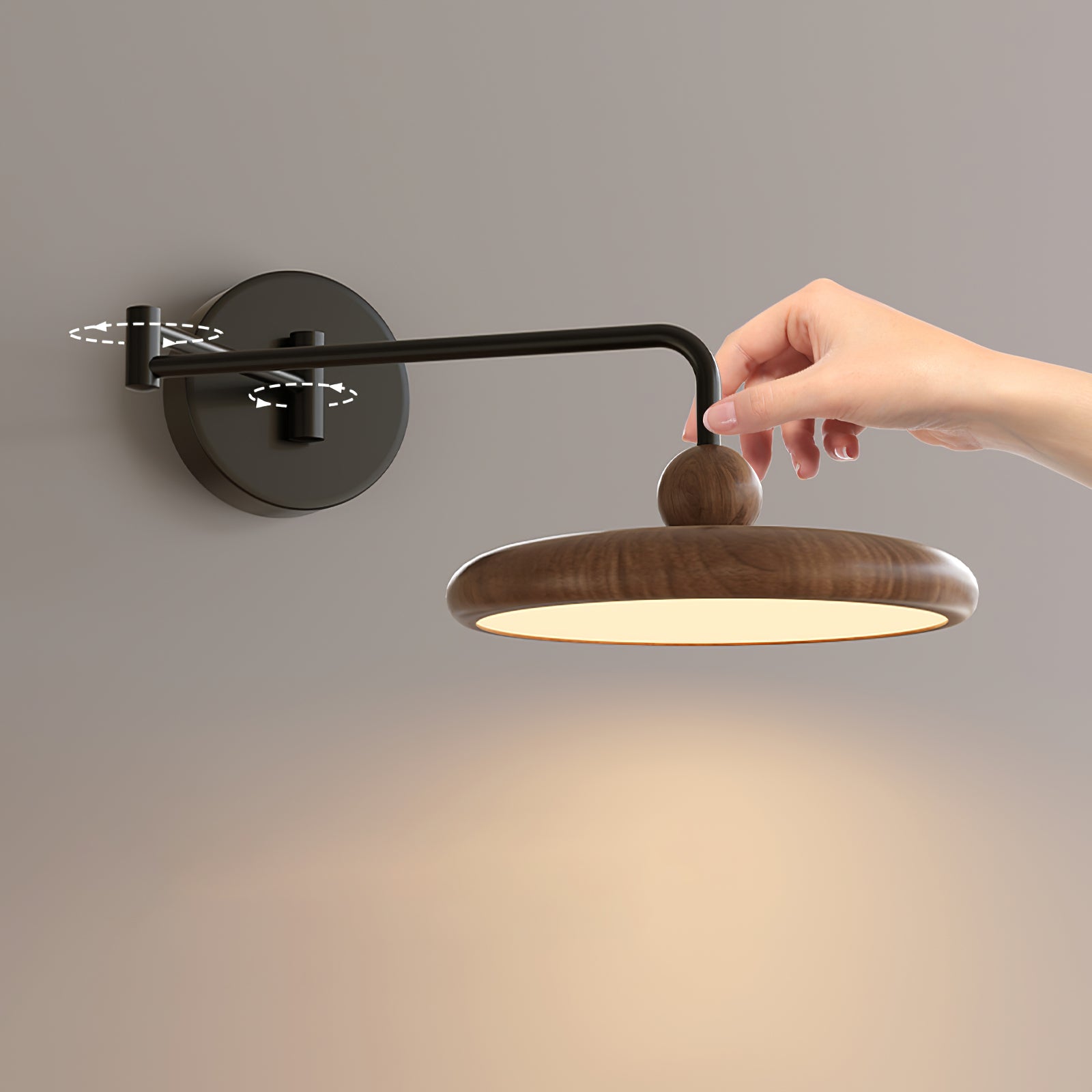 Close-up side view of adjustable swing arm mechanism with matte black metal finish and wood-grain shade detail