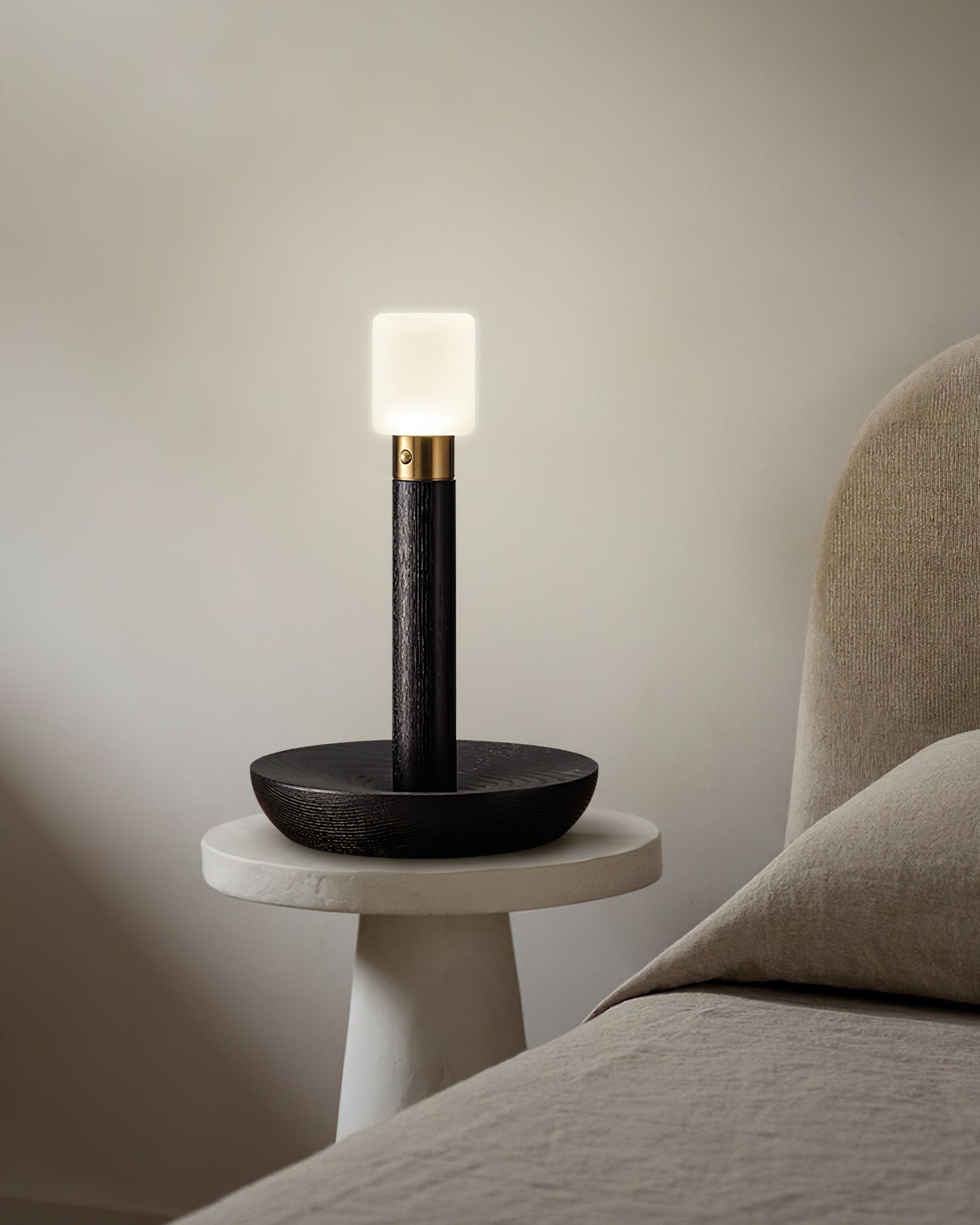 Matte black wooden table lamp with removable acrylic shade on bedroom nightstand bedside table neutral decor