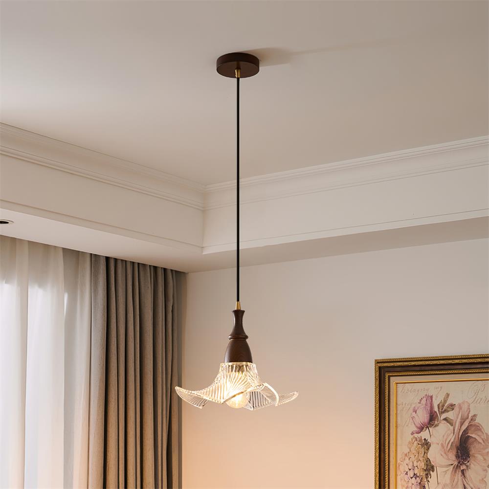 Lila clear glass pendant lamp with geometric ribbed texture and vintage wood mounting